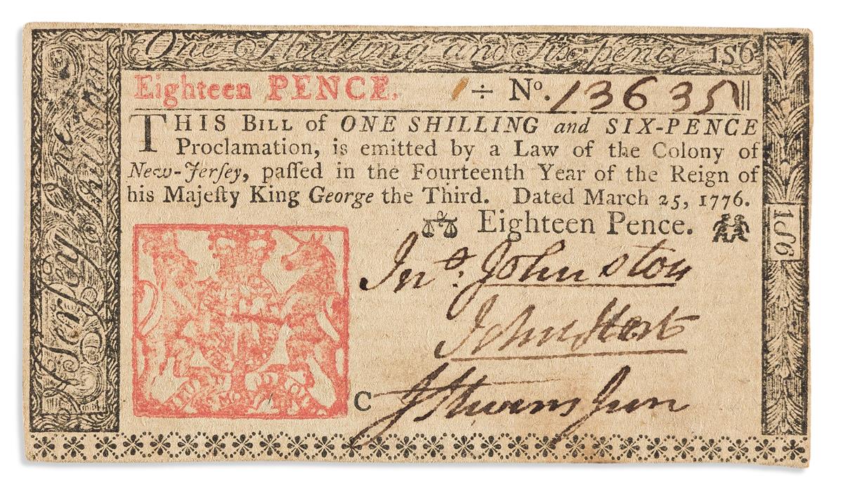 (AMERICAN REVOLUTION.) HART, JOHN. Colonial banknote Signed, as Member of the First Provincial Congress of New Jersey,